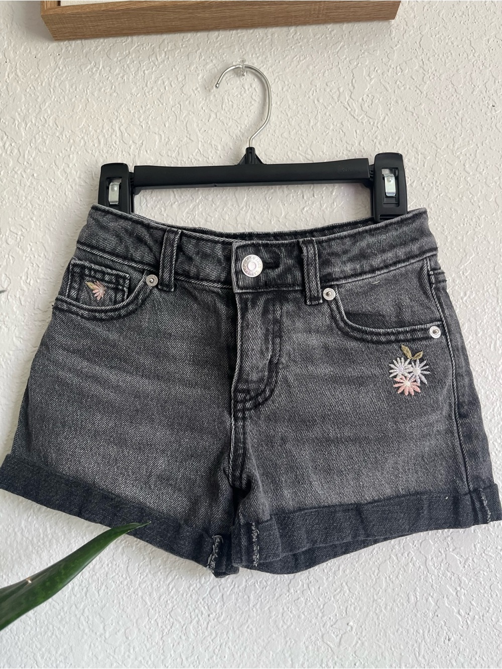 Cat & Jack Black Washed Denim Shorts with Pink & White Floral Embroidery